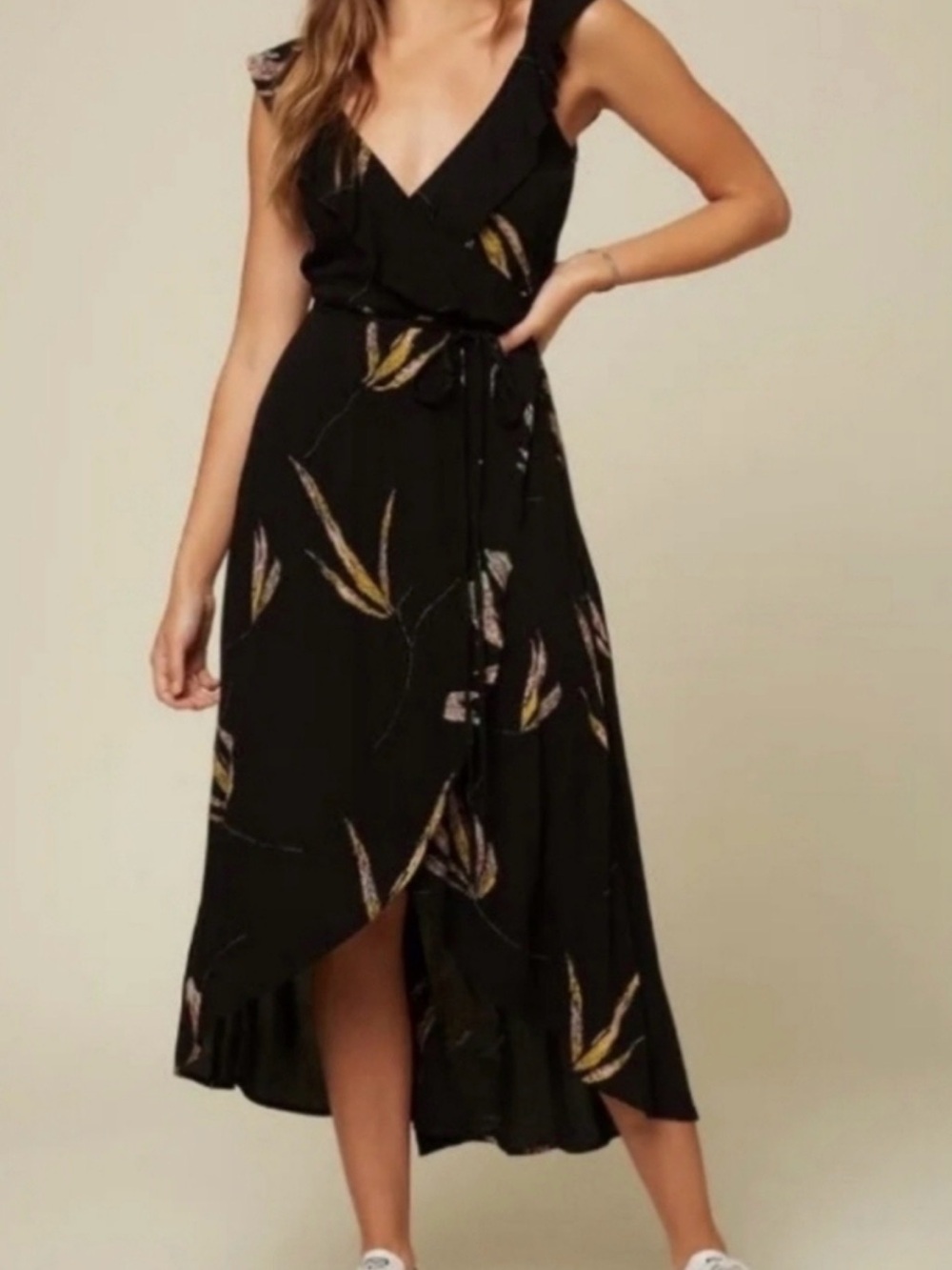 Black Floral Wrap Side Tie Midi Dress Medium